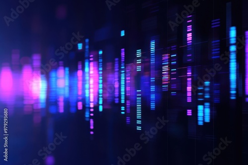 Dna sequencing display with blue and purple bands on a dark background