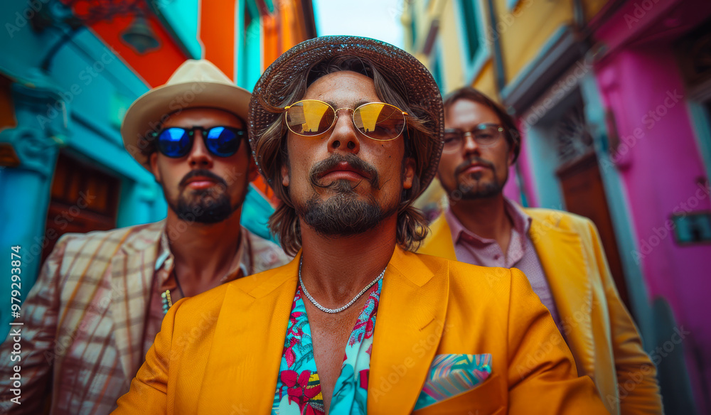 Three men wearing sunglasses and hats are standing in front of a ...