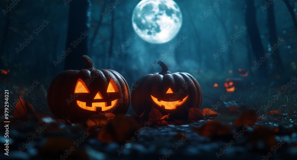 Fototapeta premium Photorealistic Halloween pumpkins with a full moon in a dark forest, shot with shallow focus and backlighting, wide-angle view.