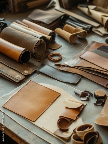 A collection of various leather pieces and tools arranged artistically on a workshop table, perfect for crafting inspiration.