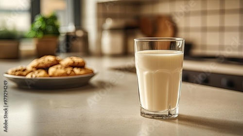 Wallpaper Mural A close-up of a glass of fresh milk on a kitchen countertop, with fresh cookies on a plate in the background, creating a cozy atmosphere Torontodigital.ca
