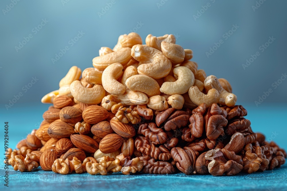 Delicious assortment of nuts on a vibrant blue background cashews, peanuts, cedar, and walnuts Delicious assortment of nuts on a vibrant blue background cashews, peanuts, cedar, and walnuts