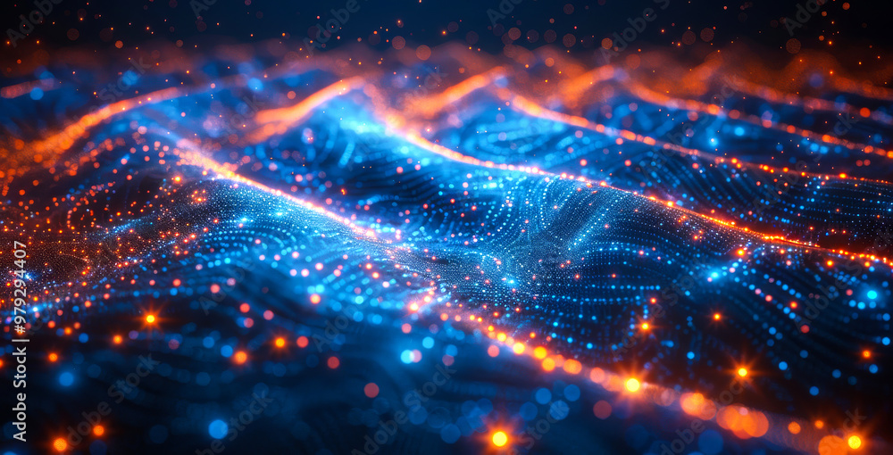 A blue and orange wave with a lot of sparkles. The blue and orange colors create a sense of movement and energy. The sparkles add a sense of depth and dimension to the image. Overall A blue and orange wave with a lot of sparkles. The blue and orange colors create a sense of movement and energy. The sparkles add a sense of depth and dimension to the image. Overall