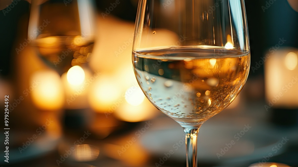 A close-up of a glass of wine resting on a dinner table, with the reflection of candlelight dancing on the surface of the wine. A close-up of a glass of wine resting on a dinner table, with the reflection of candlelight dancing on the surface of the wine.