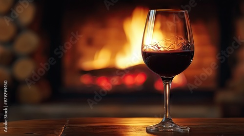 A close-up of a glass of red wine against the backdrop of a roaring fireplace, creating a cozy and inviting atmosphere.