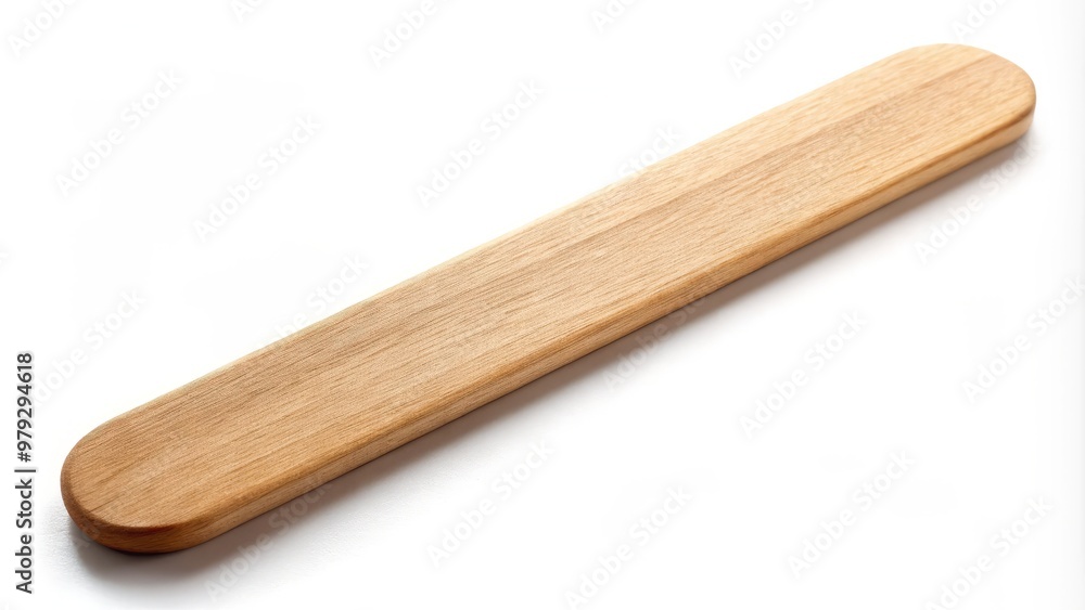 A wooden tongue depressor isolated on a crisp white background with subtle shadows and soft gradient, featuring a shallow depth of field to emphasize the subject's texture and details. A wooden tongue depressor isolated on a crisp white background with subtle shadows and soft gradient, featuring a shallow depth of field to emphasize the subject's texture and details.