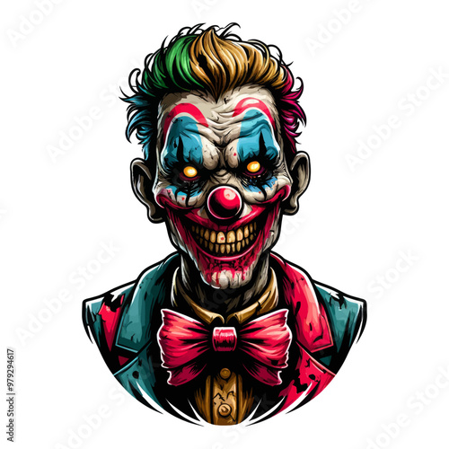 Detailed vector illustration of a sinister clown with glowing eyes, blending horror and circus themes.