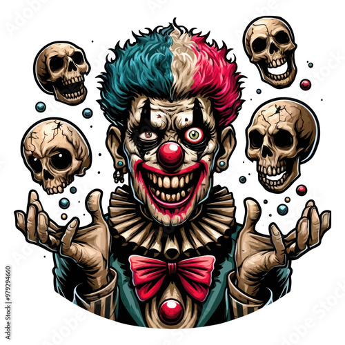 Detailed vector illustration of a sinister clown juggling skulls, combining circus performance with horror elements.