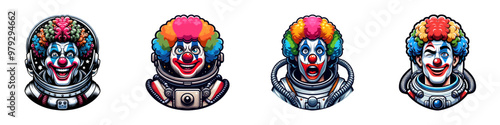 Fun vector illustration of clowns in astronaut suits, blending space exploration with playful circus themes.