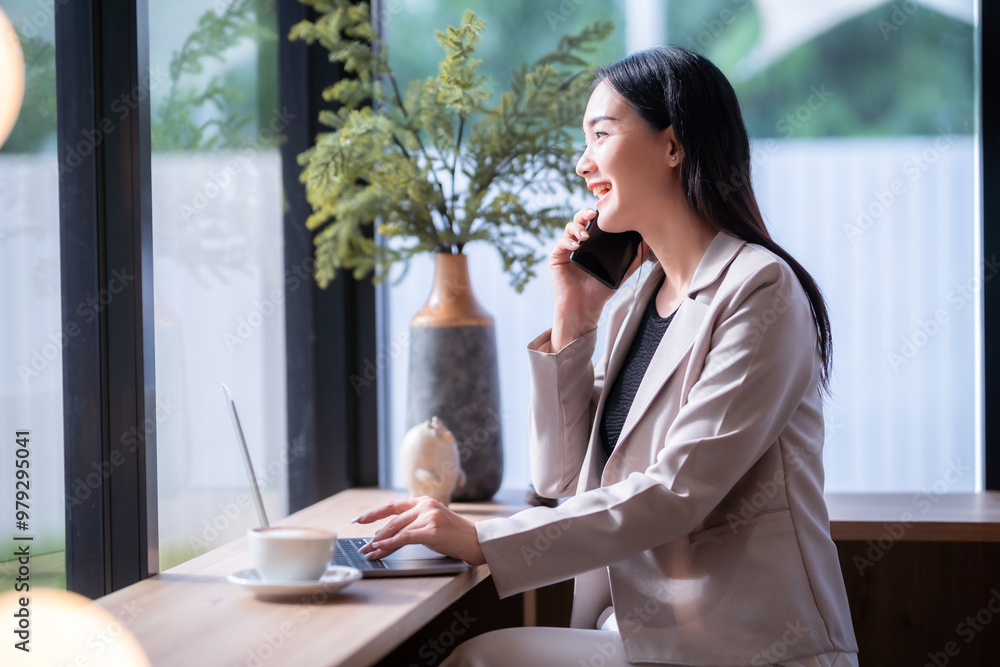 asian freelance people Beautiful business female talking making using casual working with laptop computer for browsing internet, chatting and blogging and smartphone,notebook in coffee shop.