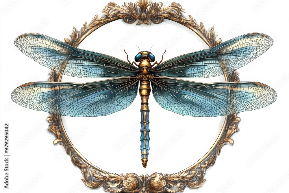 Fototapeta premium Dragonfly in a Golden Frame