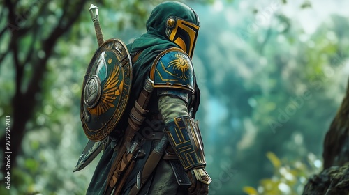A mysterious warrior in an enchanted forest, clad in intricate armor and a vivid helmet, ready for adventure in the wilderness.