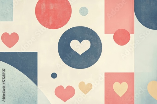 Soft pastel background for a mother's day card creation. Elegant shapes with circles, squares, and heart motifs in retro styles for a valentine's or wedding invitation design photo