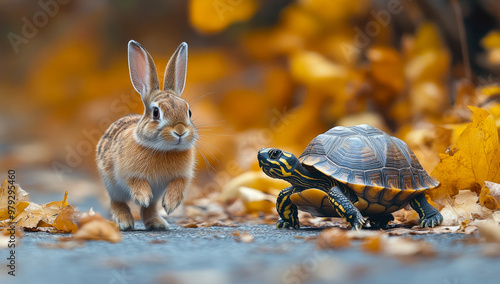 A rabbit and a turtle are walking together in the autumn