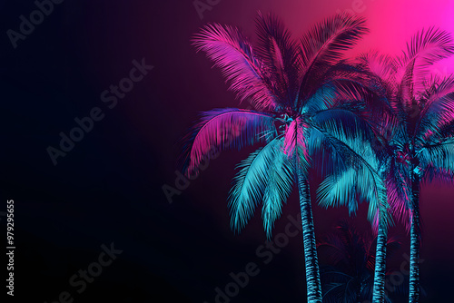 Neon silhouettes of tropical palm trees isotated on black background.