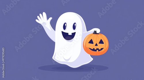 Friendly ghost waving hello, holding a Halloween pumpkin, flat design, front view, Halloween theme, cartoon drawing, Complementary Color Scheme