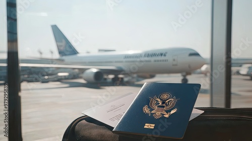 A close-up of a passport and boarding pass resting on top of a suitcase, with an airplane visible through the terminal windows.