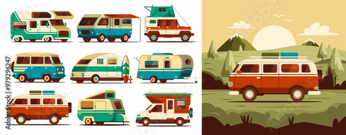 Fotografi Recreational vehicles illustration and icons in flat design