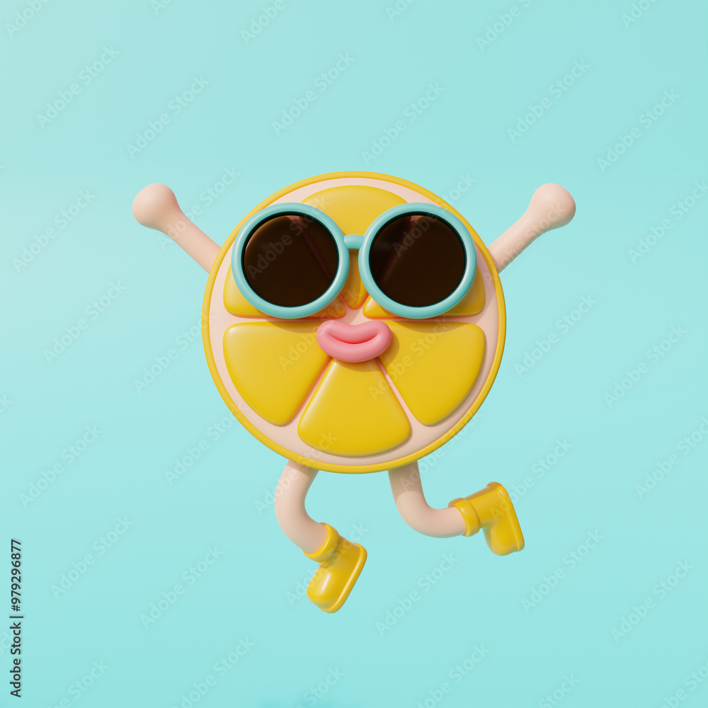 Fototapeta premium 3d Lemon character wearing sunglasses isolated on blue blackground. Summer vacation. 3d rendering.