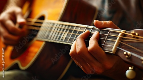 A close-up of an acoustic guitar resting on a musician's lap, fingers gently poised over the strings, ready to play