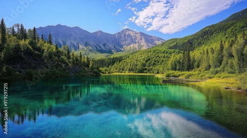 An awe-inspiring scene of a lake with sparkling emerald water, surrounded by vibrant green forests and mountains.
