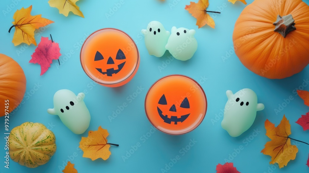 Halloween-themed pumpkin, ghost recipes, flat design, top view, 3D render, Triadic color scheme, spooky and delicious drinks Halloween-themed pumpkin, ghost recipes, flat design, top view, 3D render, Triadic color scheme, spooky and delicious drinks