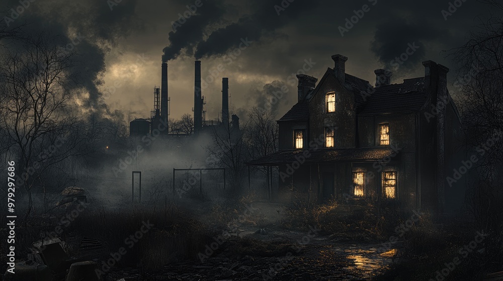 An eerie night scene of an old abandoned factory and house, surrounded by smoke and pollution, dark industrial chimneys looming in the background. An eerie night scene of an old abandoned factory and house, surrounded by smoke and pollution, dark industrial chimneys looming in the background.