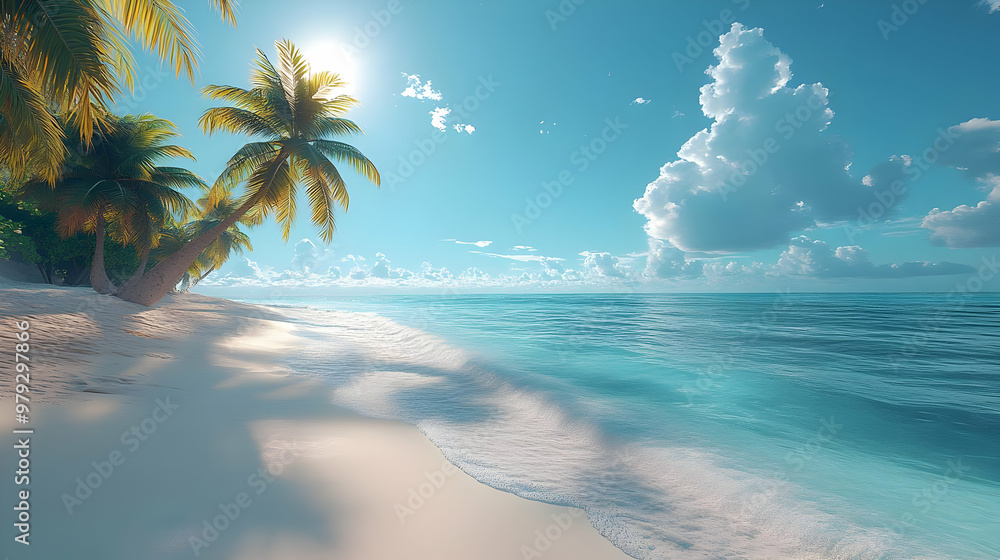 Fototapeta premium Tropical Beach Scene with Palm Trees and Blue Sky - Realistic 3D Illustration. generative ai