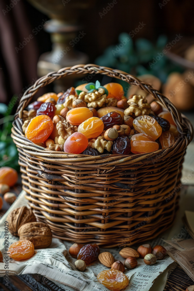A woven basket filled with dates, dried apricots, and nuts, A woven basket filled with dates, dried apricots, and nuts,