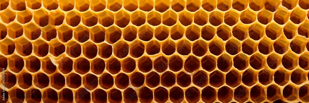 Honeycomb close-up revealing intricate hexagonal structures found in beehives during daylight