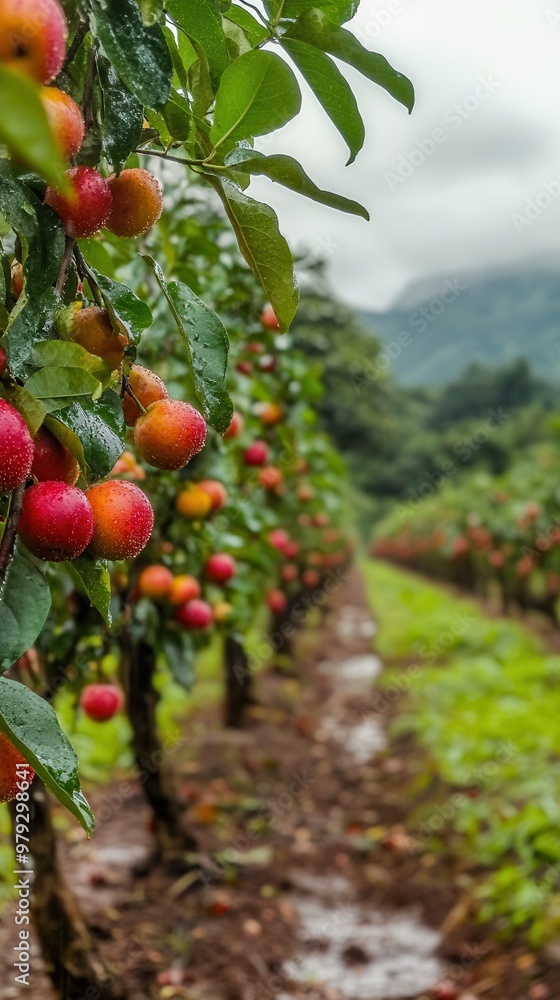 Fototapeta premium Beautiful apple orchard showcasing ripe fruit hanging from trees in a lush landscape under overcast skies.