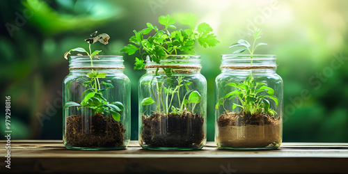 plants growing in three glass jars under natural sunlight
