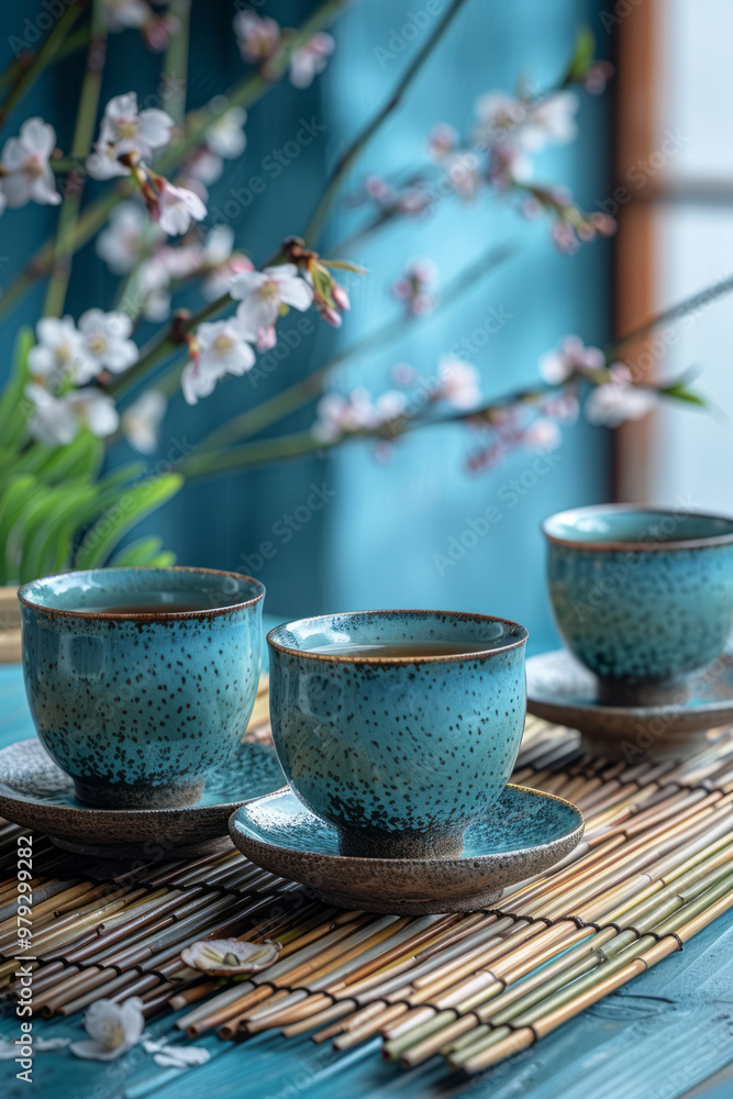 A traditional Japanese tea set with bamboo details, used in samurai rituals, A traditional Japanese tea set with bamboo details, used in samurai rituals,