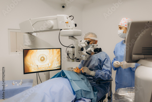 Skilled surgeon and his medical team performs precise eye surgery on an elderly patient, restoring vision with latest medical technology and cutting-edge techniques. Modern eye surgery concept.