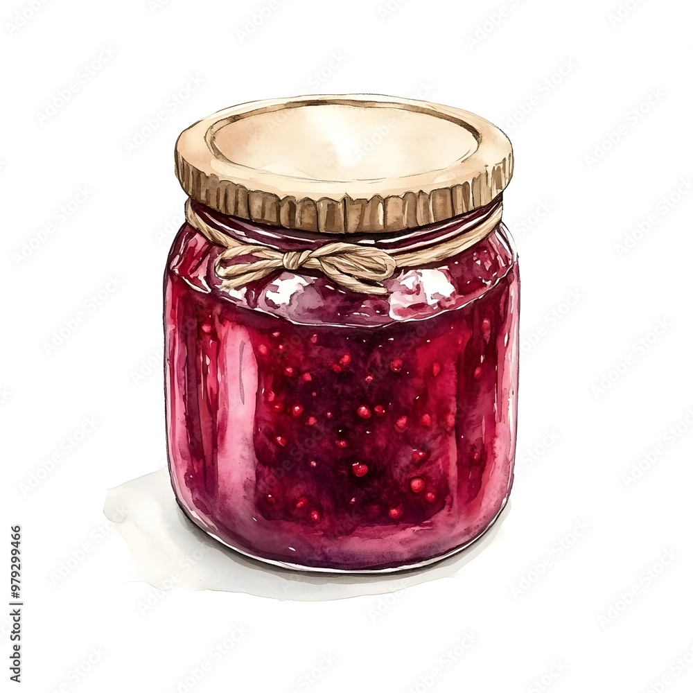 Watercolor Jar of Raspberry Jam with a Brown Lid and String Watercolor Jar of Raspberry Jam with a Brown Lid and String