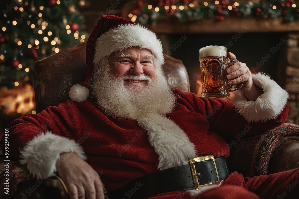 © Milos - Santa Claus, seated comfortably in a holiday setting, holds a large mug of beer, surrounded by festive Christmas decorations and glowing lights, embodying relaxation and festive cheer.