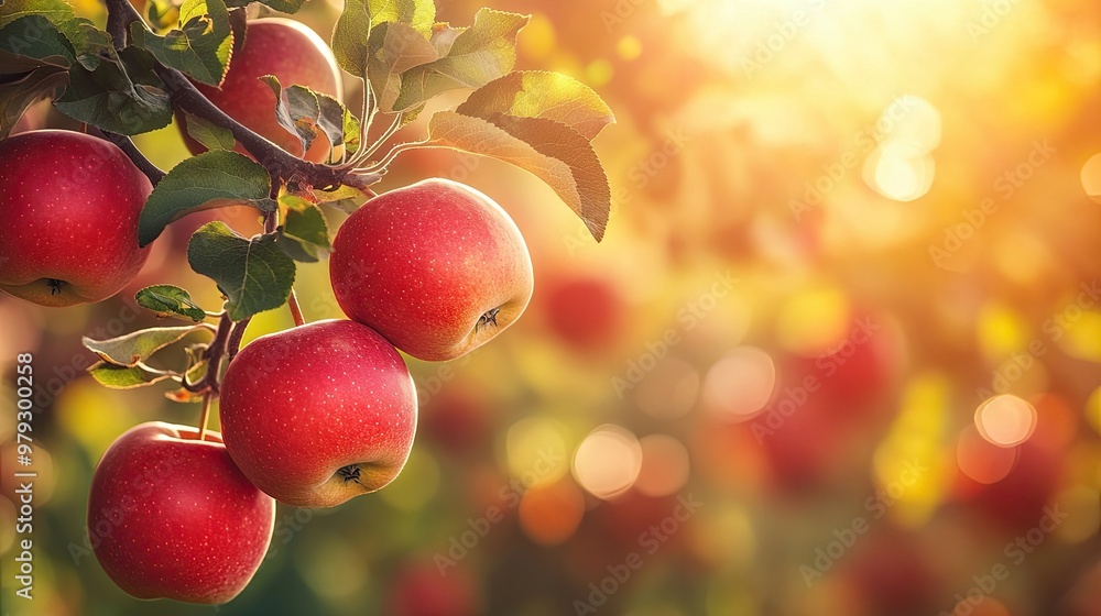 A close-up of several red apples hanging from a branch in an apple orchard, ready to be picked under the warm autumn sun A close-up of several red apples hanging from a branch in an apple orchard, ready to be picked under the warm autumn sun