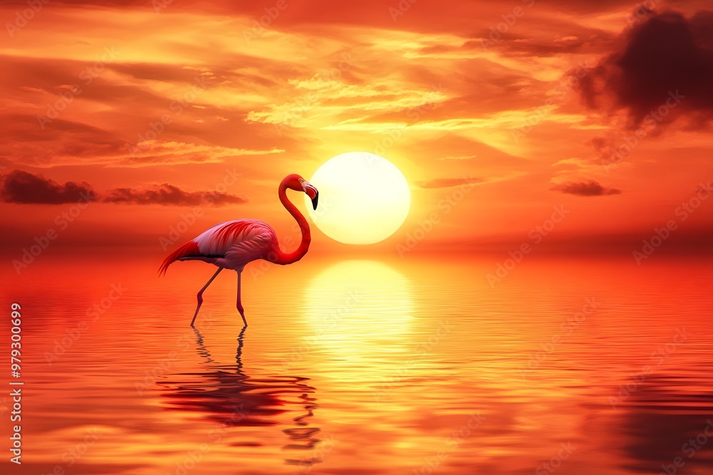 Fototapeta premium Pink Flamingo Sunset Water Reflection