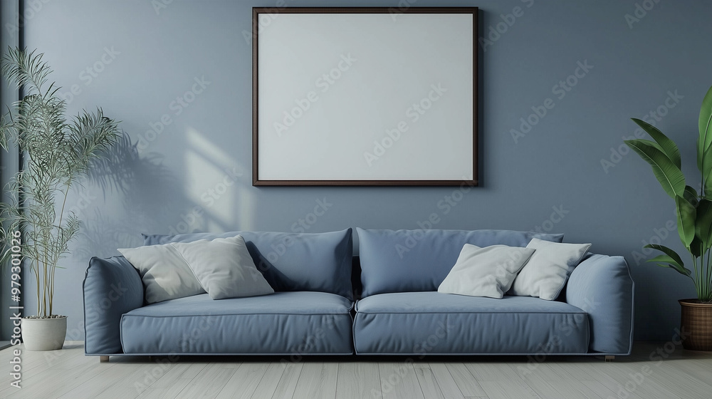 Fototapeta premium Empty photo frame behind a blue sofa in the living room - ai generative