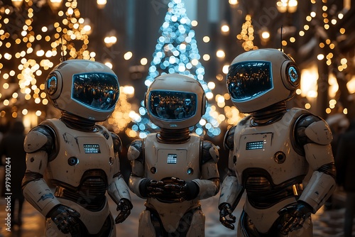 Three futuristic robots celebrating Christmas in a city at night.