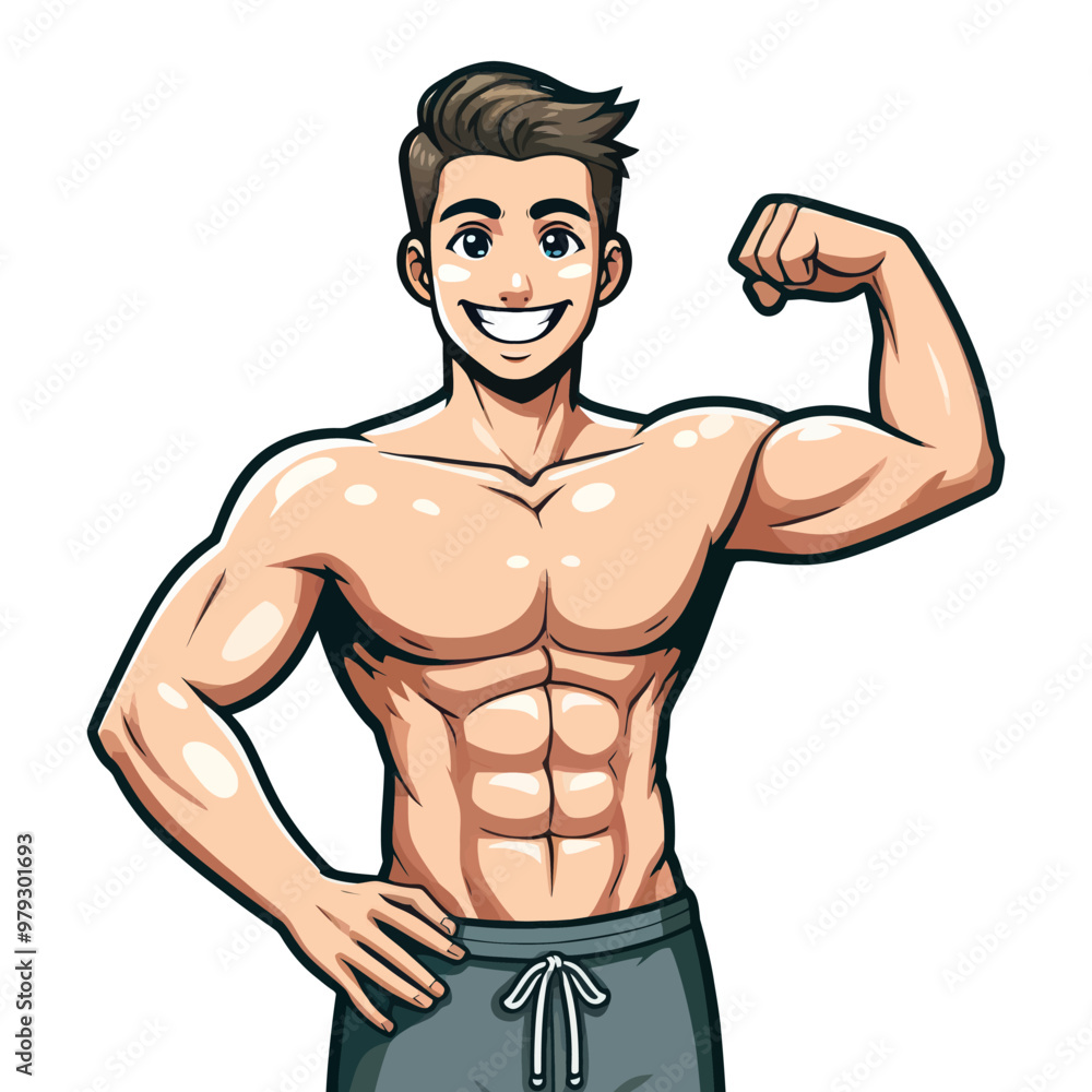 Fototapeta premium Vector illustration of a muscular man flexing his biceps, confidently showing off his physique and strength.