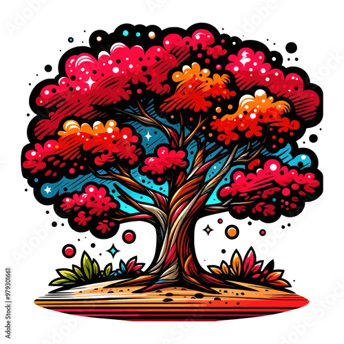 Vibrant vector illustration of a fantasy tree with red and orange foliage, set in a whimsical, colorful world.