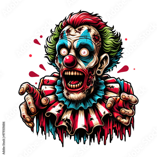 Intense vector illustration of a zombie clown in a dramatic pose, merging horror and circus elements.