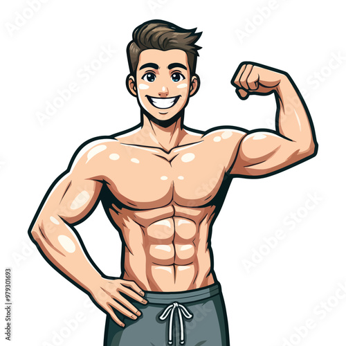 Vector illustration of a muscular man flexing his biceps, confidently showing off his physique and strength.