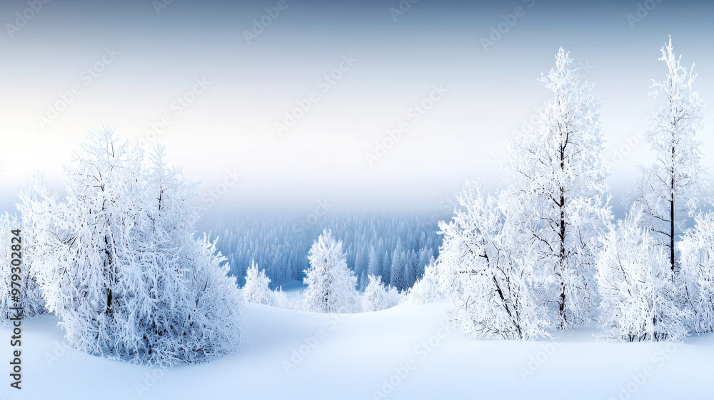 Fototapeta premium Winter Wonderland Panorama with Snow Covered Trees and Frosty Landscape