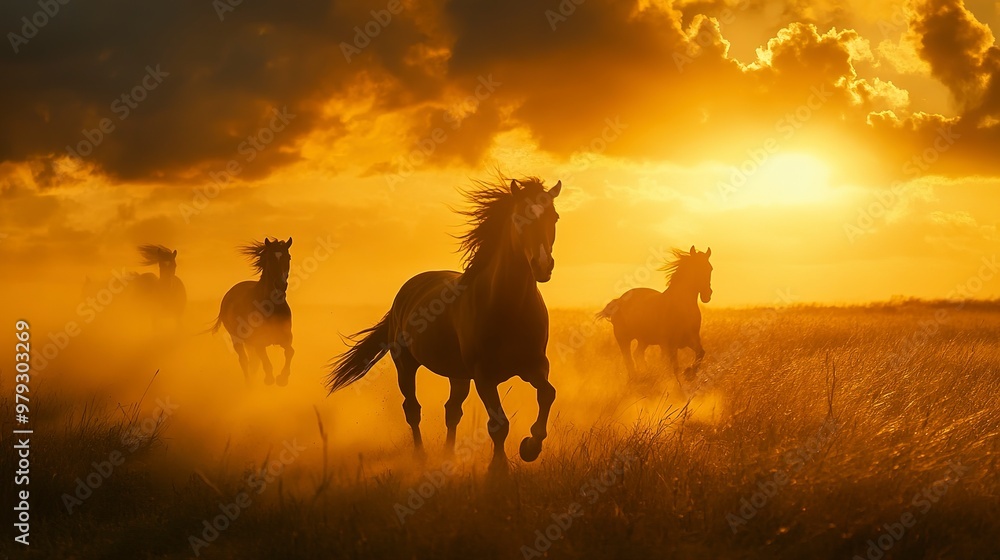 A stunning sunset casts a warm glow as horses gallop through dust, creating an atmosphere of freedom and wild beauty A stunning sunset casts a warm glow as horses gallop through dust, creating an atmosphere of freedom and wild beauty