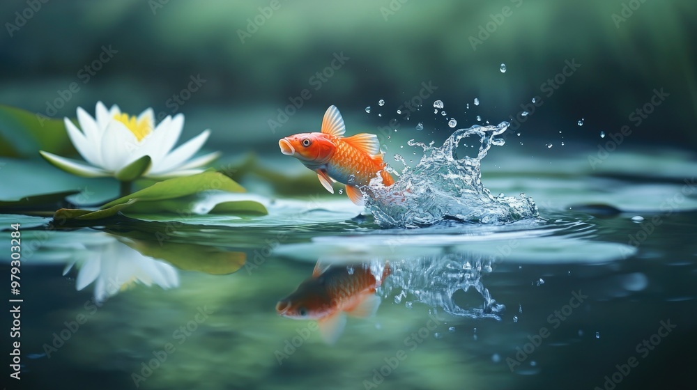 Obraz premium A fish breaking through the surface of a calm pond with a splash, surrounded by lily pads and reflected in the still water