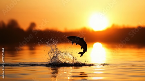 A fish leaping out of a lake in front of a setting sun, its silhouette beautifully framed against the golden water