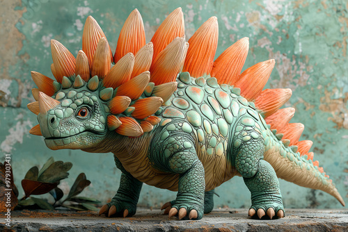 Fototapeta Naklejka Na Ścianę i Meble -  A vibrant Stegosaurus with its distinctive back plates in shades of green and orange,