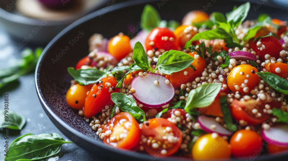 This salad is made with buckwheat, cherry tomatoes, daikon radish, red onion, and fresh herbs. It's a vegan and healthy option for a meal or snack. This salad is made with buckwheat, cherry tomatoes, daikon radish, red onion, and fresh herbs. It's a vegan and healthy option for a meal or snack.